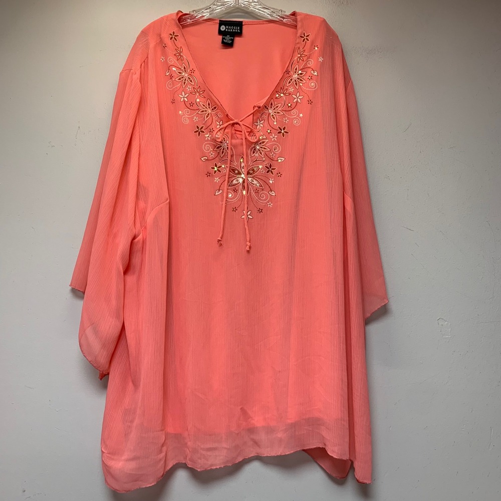 Maggie Barnes Tunic Women 3X Coral Pink Excellent Embroidered Chiffon 14846